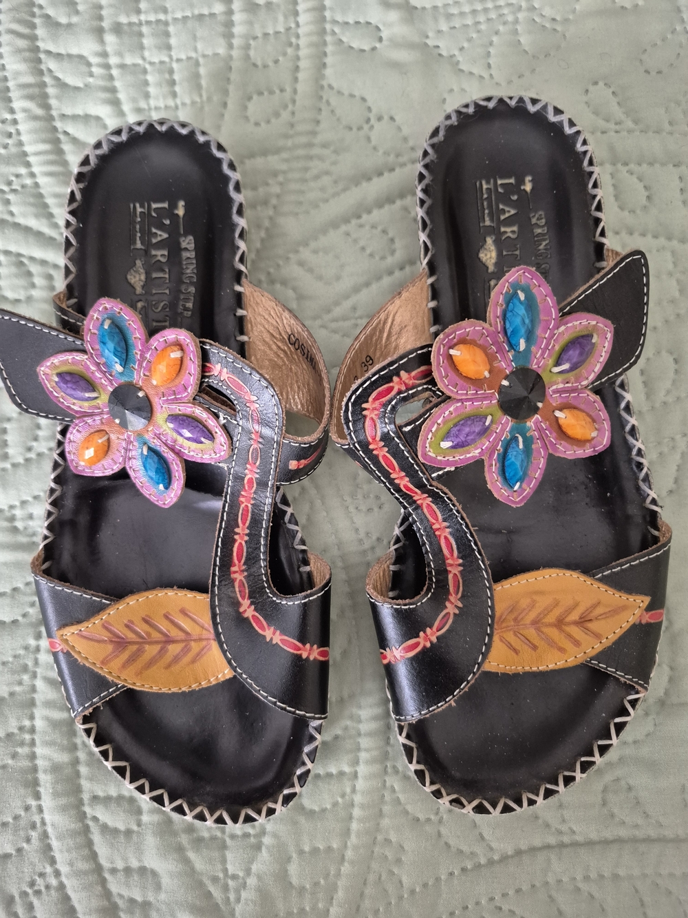 L'ATISTE Black Floral Appliqué Slide Mules with Multicolor Accents